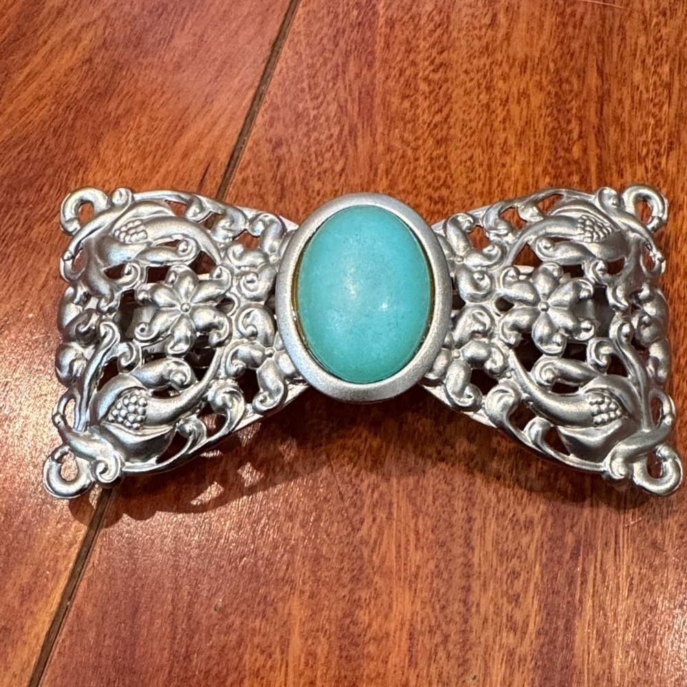Silver French clip  Bow with faux Turquoise Stone